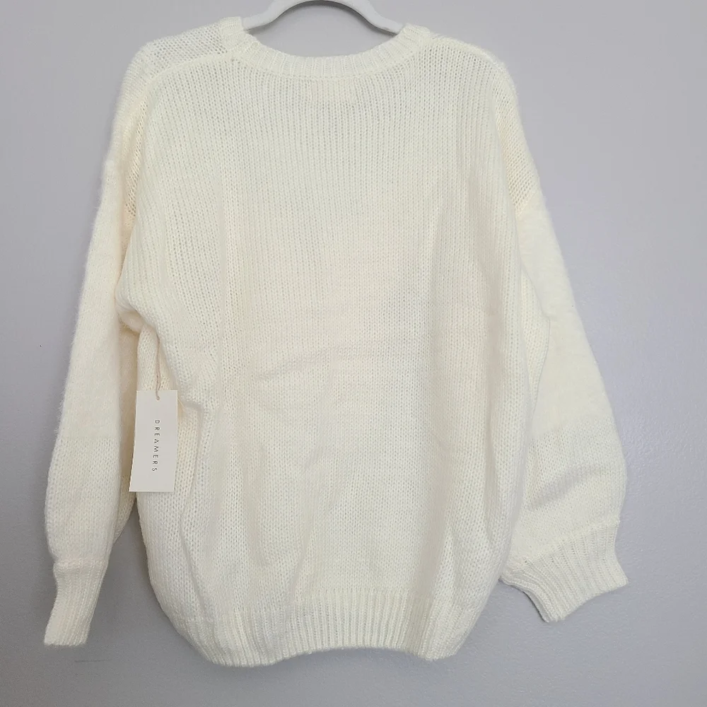 Modcloth Just My Stripe Pullover Crewneck Ivory Bishop Sleeve Ribbed Sweater XL
